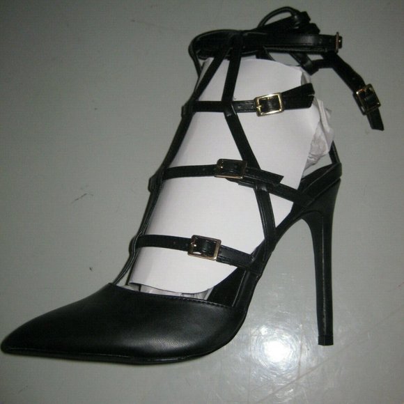 Liliana Black Calf-High Pointy Toe Open Back Caged Heel Gisele-90 Size 8 NIB - Picture 2 of 7